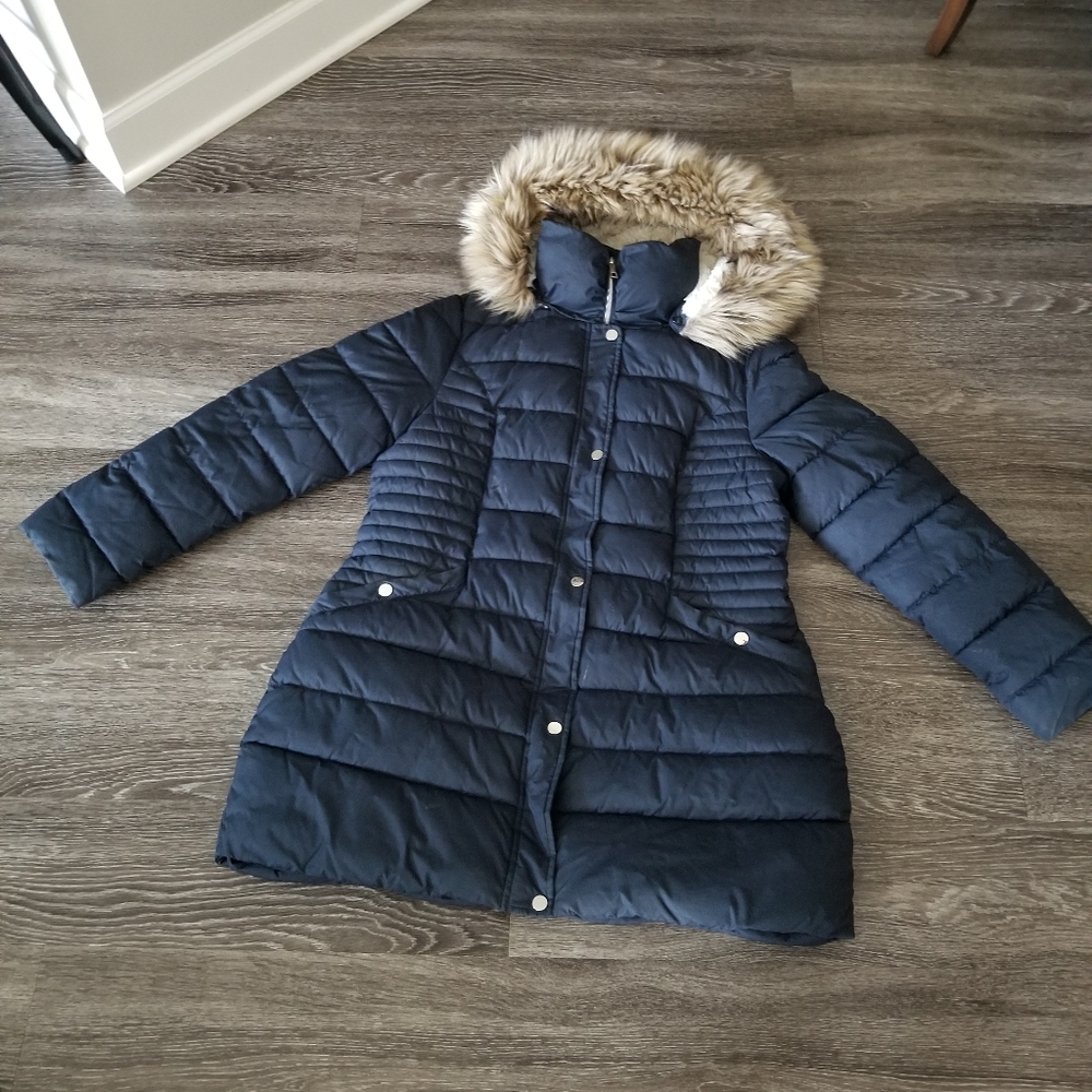 Long Navy Puffer Coat with Faux Fur Trimmed Hood